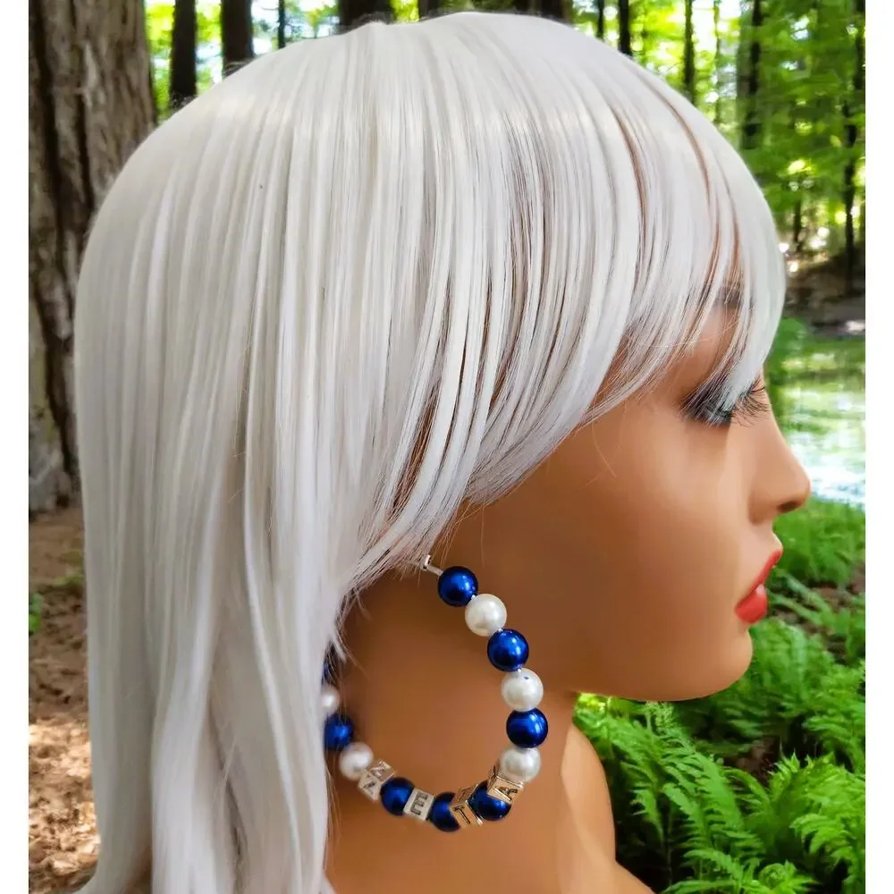 Zeta Phi Beta Earrings Hoop Blue & White Pearls with‎ blocks